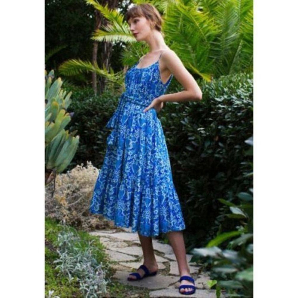 RHODE Lea Belted Floral Cotton Blue Dress